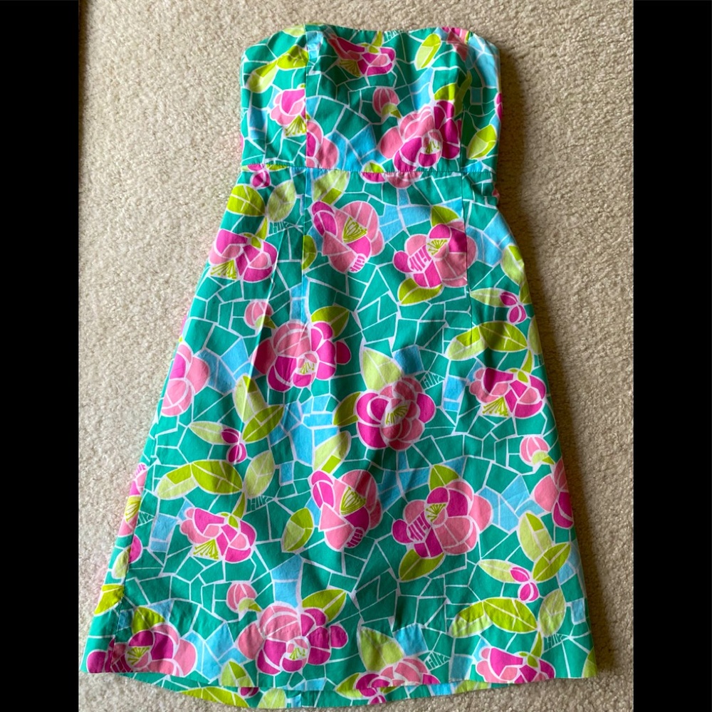 Vtg Lilly Pulitzer strapless flower dress 4 Mint green with pink